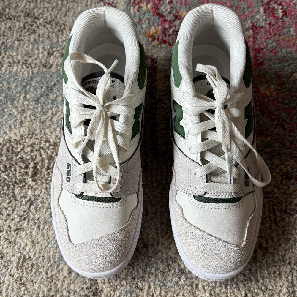 New Balance White and Green 550 Sneakers